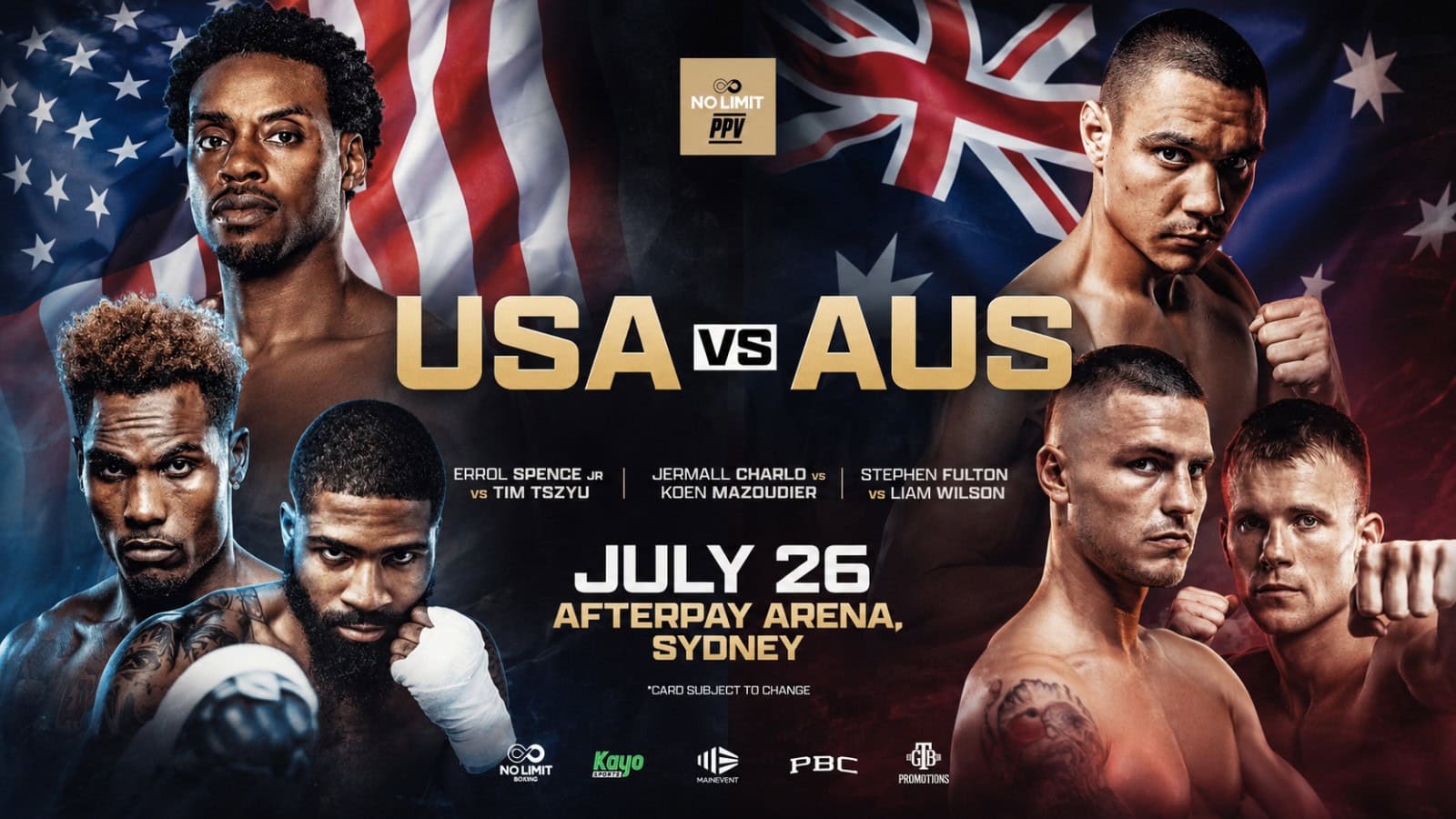 Errol Spence Jr., Tim Tszyu, Jermall Charlo, Koen Mazoudier, Stephen Fulton and Liam Wilson featured on a USA vs Australia boxing event poster for Sydney