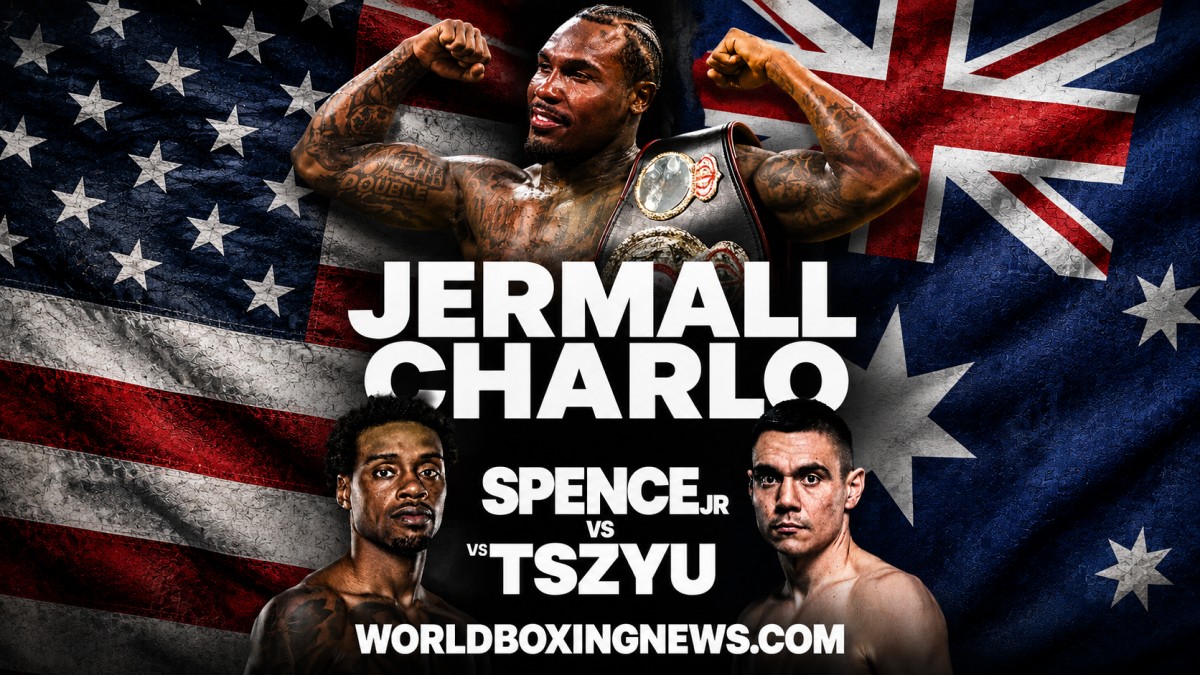 Jermall Charlo pictured in front of US and Australian flags as the former world champion is linked to a return on the Errol Spence Jr. vs. Tim Tszyu undercard in Australia