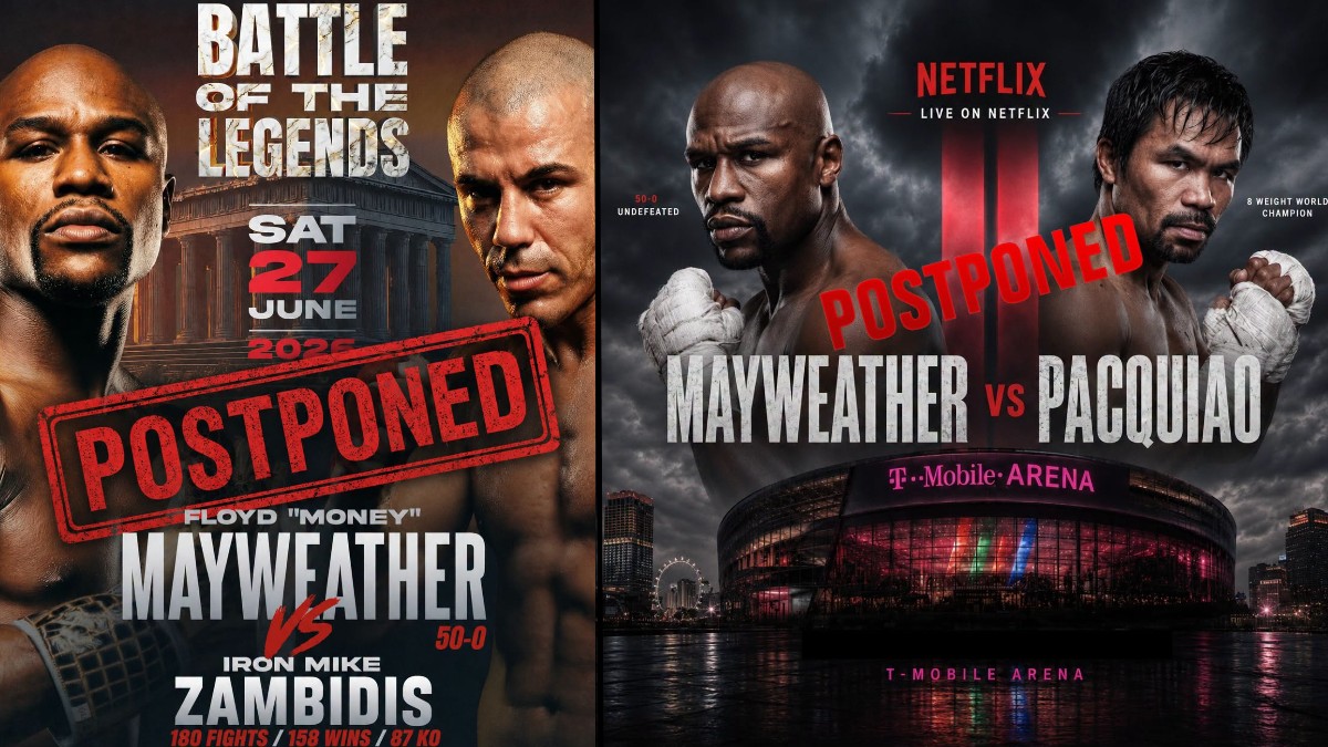 Floyd Mayweather promotional posters for the postponed Mike Zambidis exhibition in Greece and the delayed Manny Pacquiao rematch, highlighting how legal action disrupted both planned fights