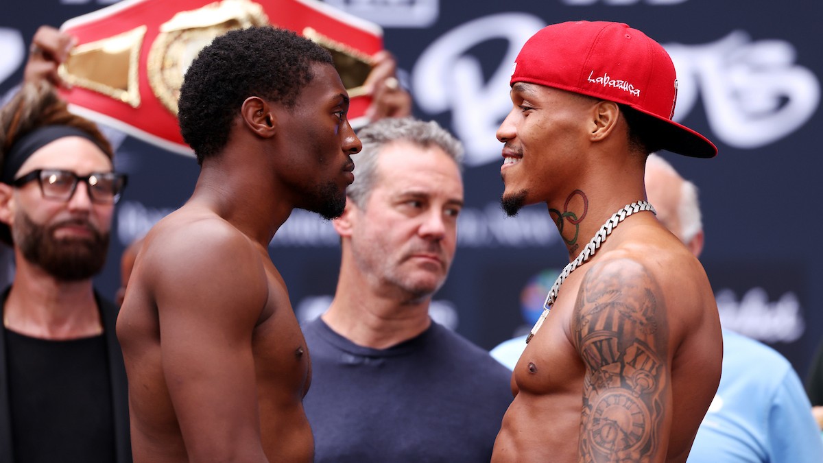Jahi Tucker and Euri Cedeno face off at the official weigh-in before their vacant IBF North American, WBC USA and WBO NABO middleweight title fight at Barclays Center in Brooklyn