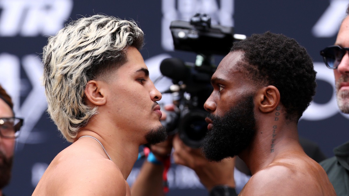Xander Zayas and Jaron Ennis face off at the official weigh-in before their unified WBO and WBA super welterweight world title fight at Barclays Center in Brooklyn