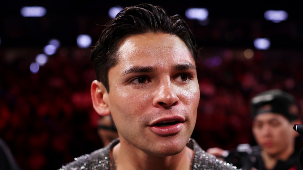 Ryan Garcia speaks at ringside during the David Benavidez vs. Gilberto Ramirez event following his return to boxing after serving a one-year suspension.