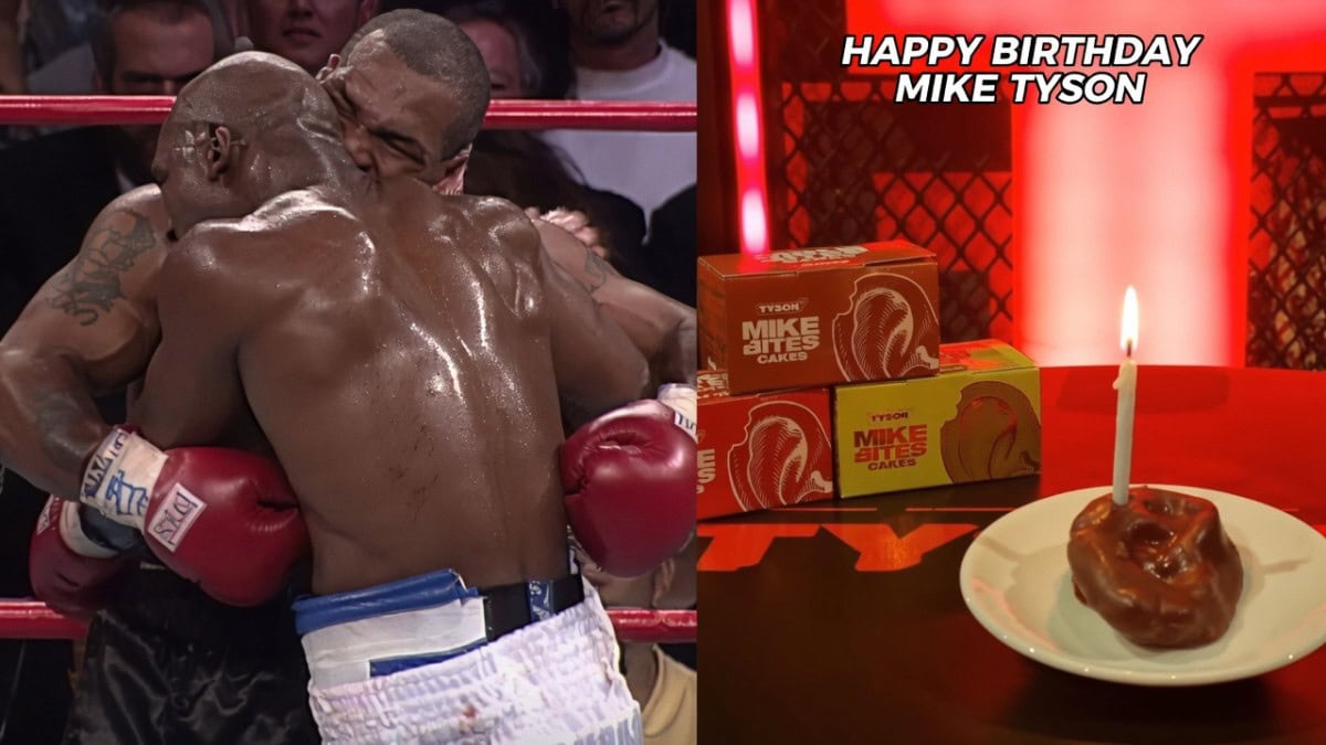 Mike Tyson bites Evander Holyfield during their 1997 fight alongside Tyson