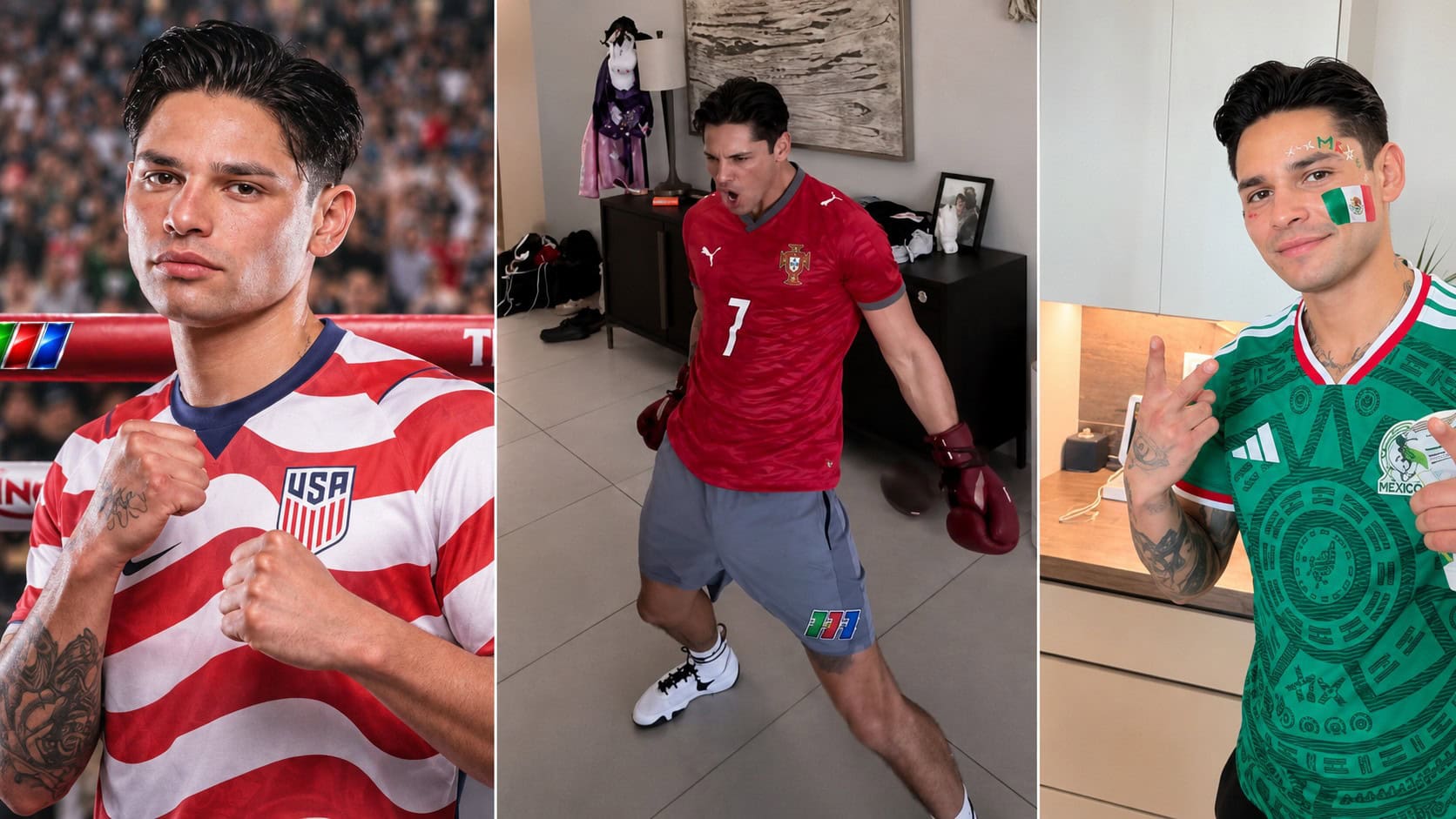 Ryan Garcia wearing USA, Portugal and Mexico shirts during his World Cup support and reactions