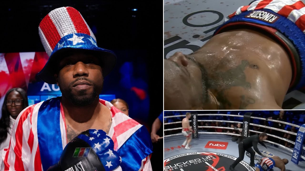 Austin Trout wears an Apollo Creed-inspired outfit before being knocked down at BKFC Liberty Brawl