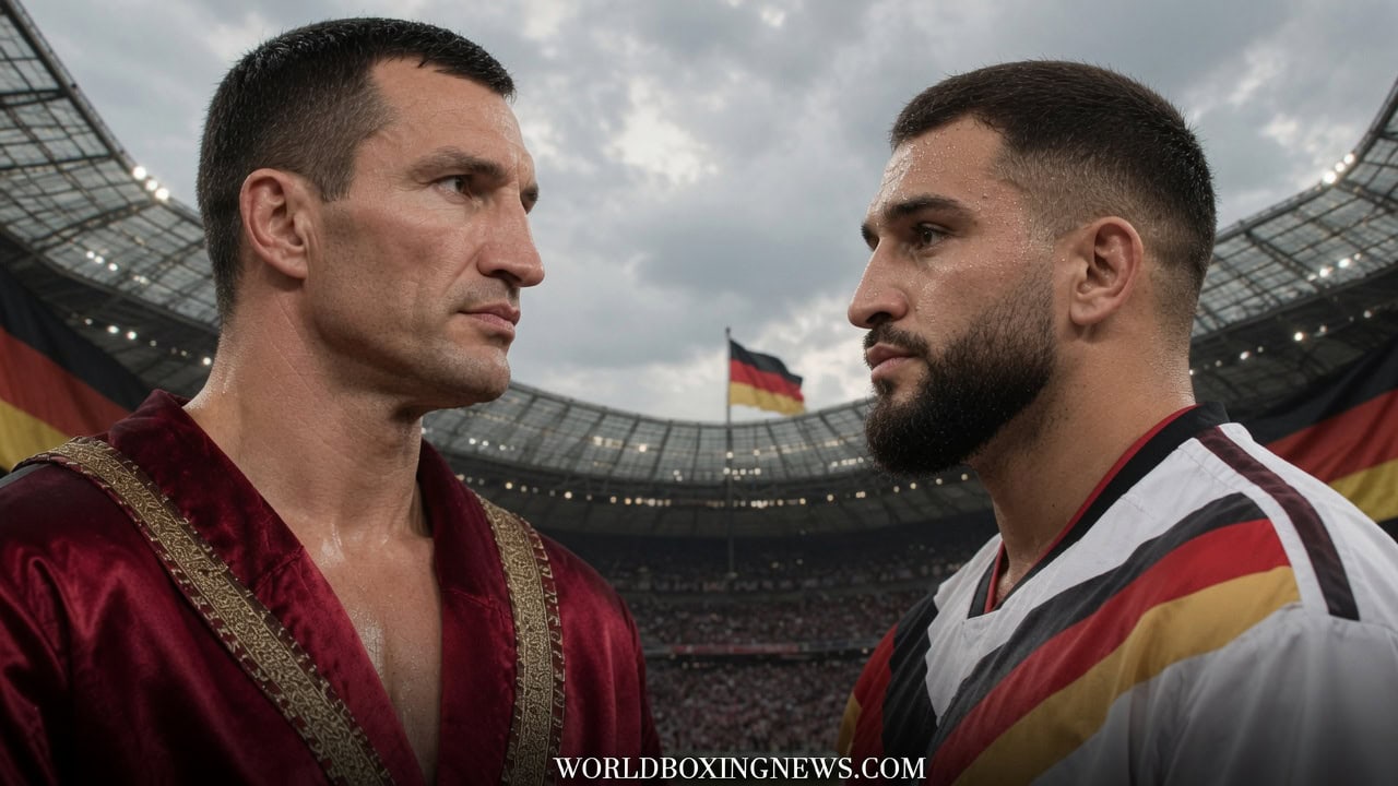 Wladimir Klitschko and Agit Kabayel face off in a German stadium illustration for a potential WBC heavyweight title fight