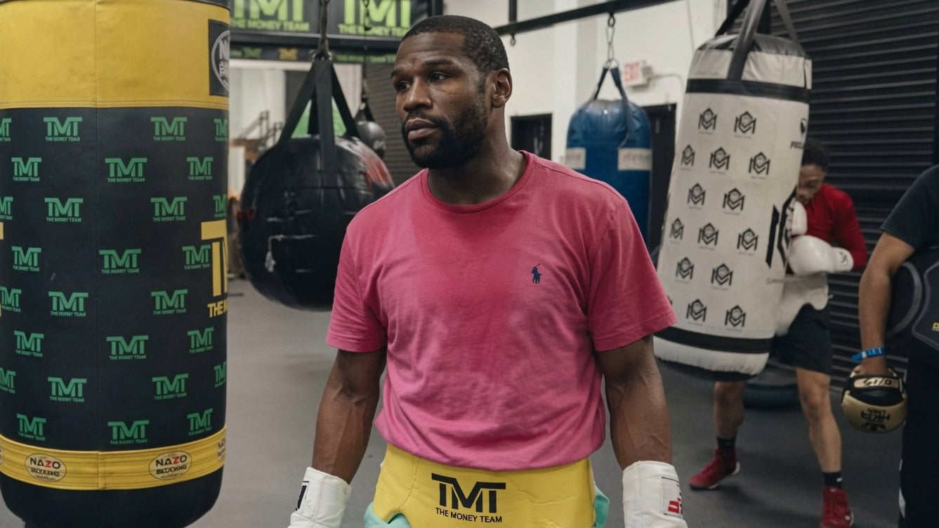Floyd Mayweather stands inside the Mayweather Boxing Club during his lengthy interview with Cam
