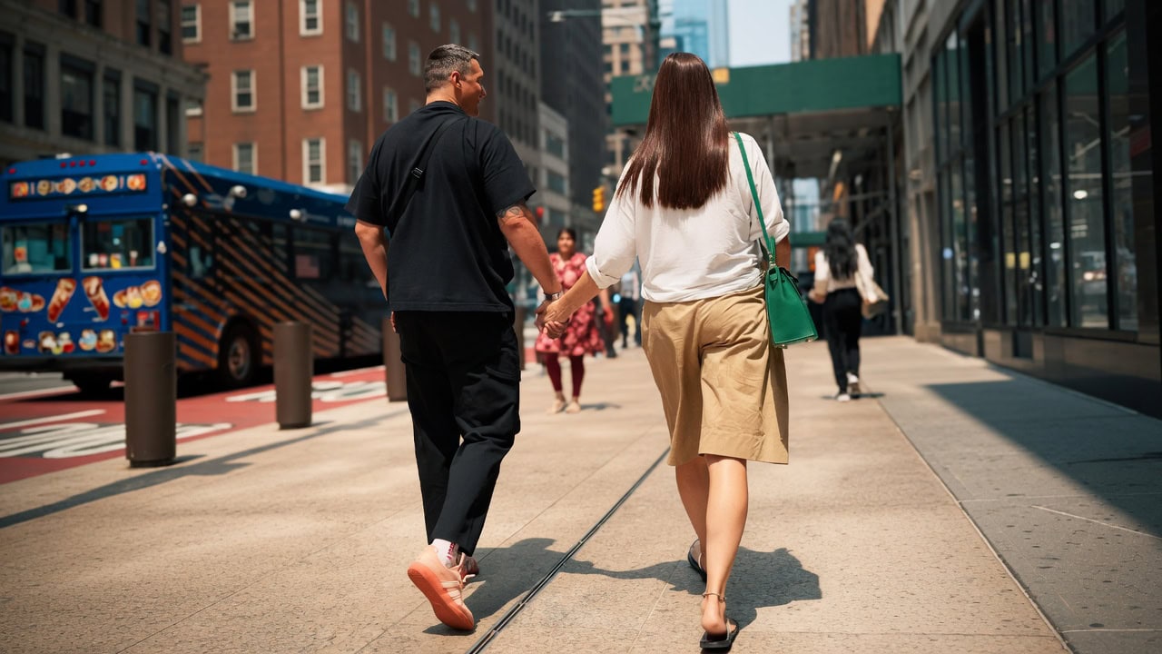 Oleksandr Usyk walks through Manhattan with his wife during a quiet visit to New York ahead of his farewell fight
