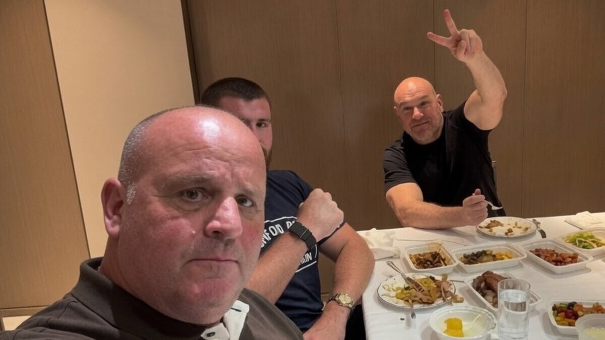 Dana White shares a meal with Johnny Fisher and Big John Fisher in New York after heavyweight signing with Zuffa Boxing