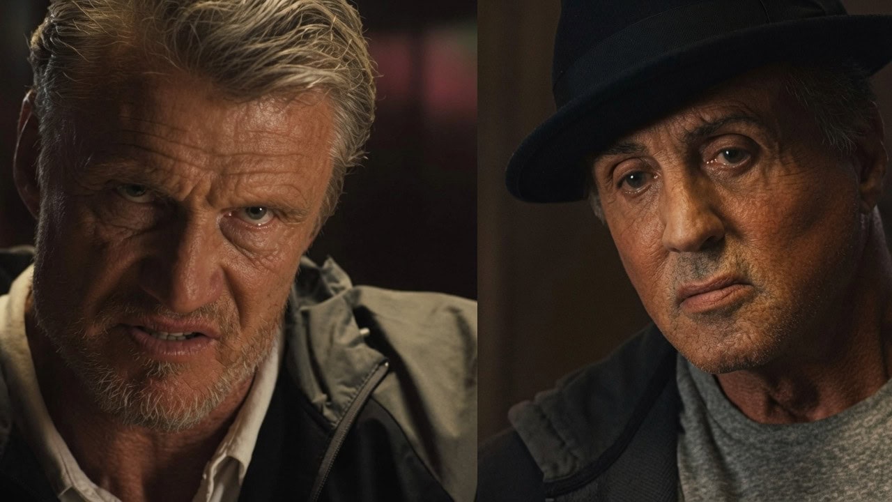 Dolph Lundgren and Sylvester Stallone during a scene from Creed II discussing Ivan Drago and Rocky Balboa