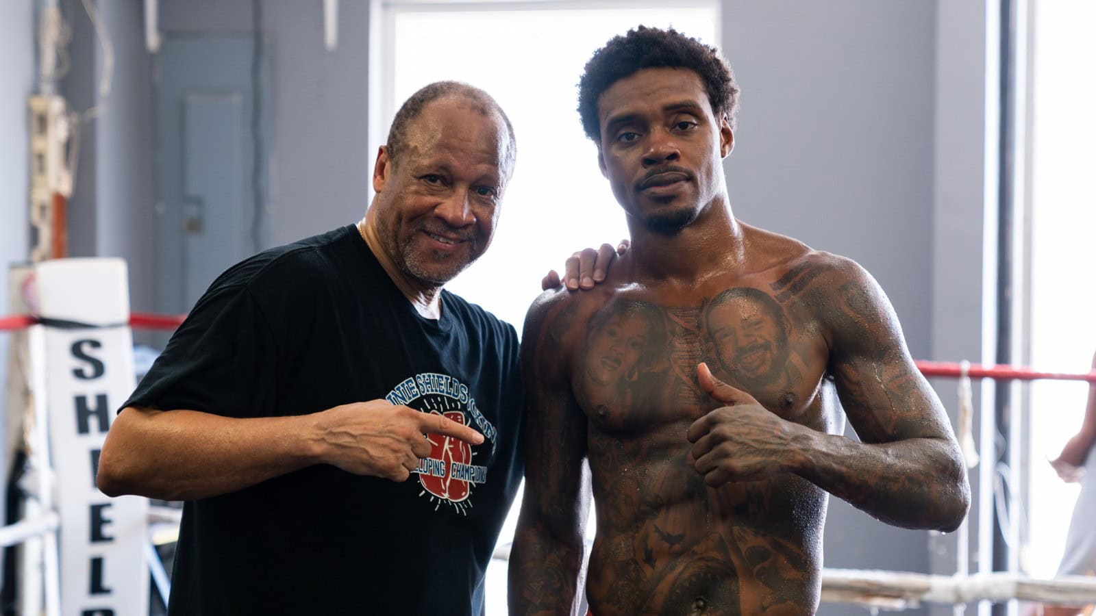 Errol Spence Jr. poses with trainer Ronnie Shields during a workout ahead of his comeback fight against Tim Tszyu