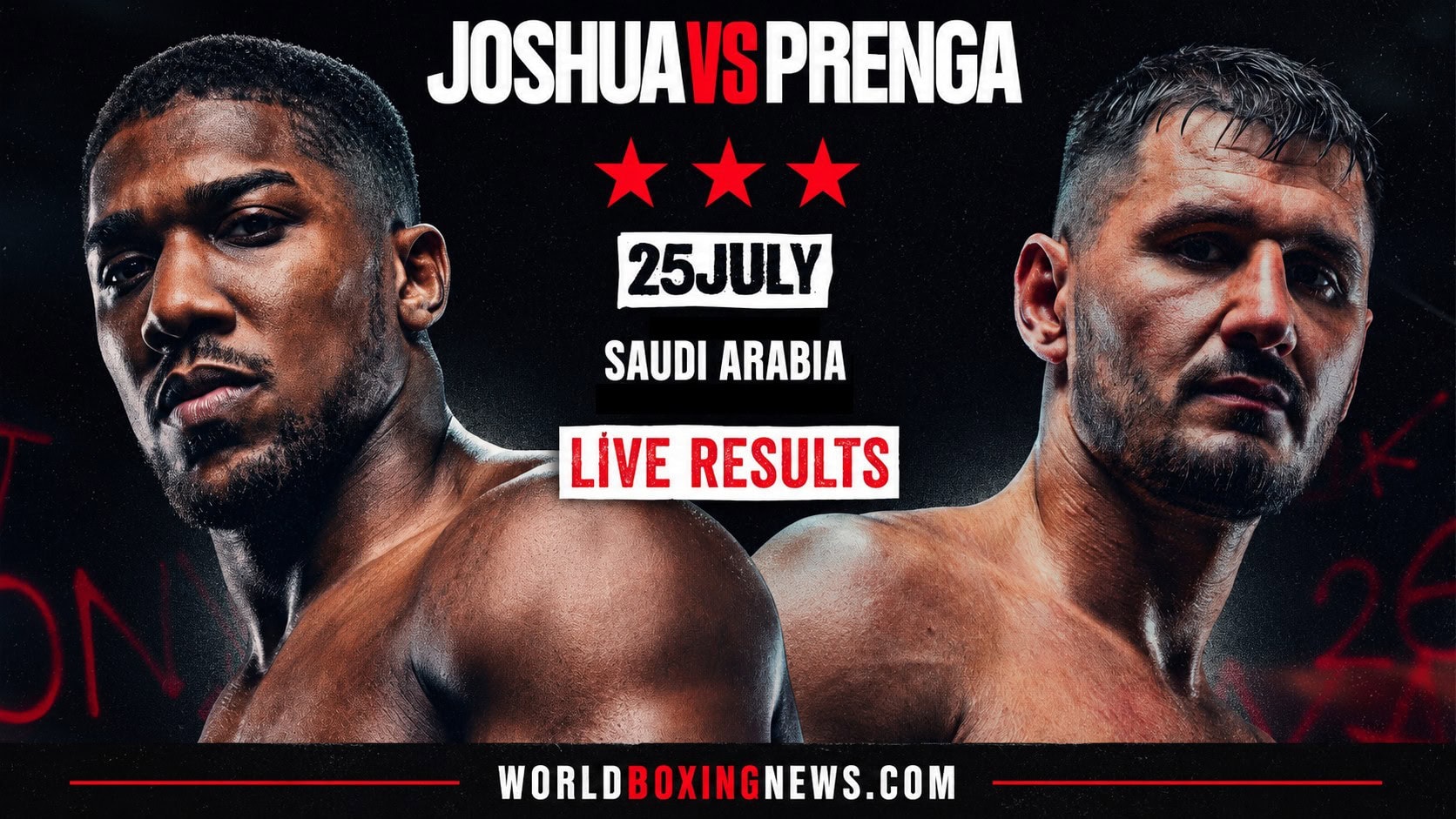 Anthony Joshua and Kristian Prenga promotional graphic for their heavyweight fight in Saudi Arabia featuring LIVE RESULTS branding from World Boxing News