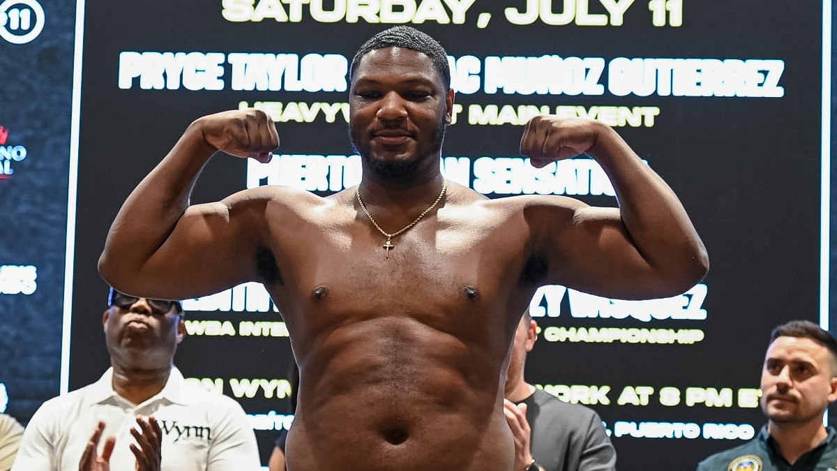 Unbeaten heavyweight prospect Pryce Taylor poses during the weigh-in before his victory over Issac Munoz Gutierrez