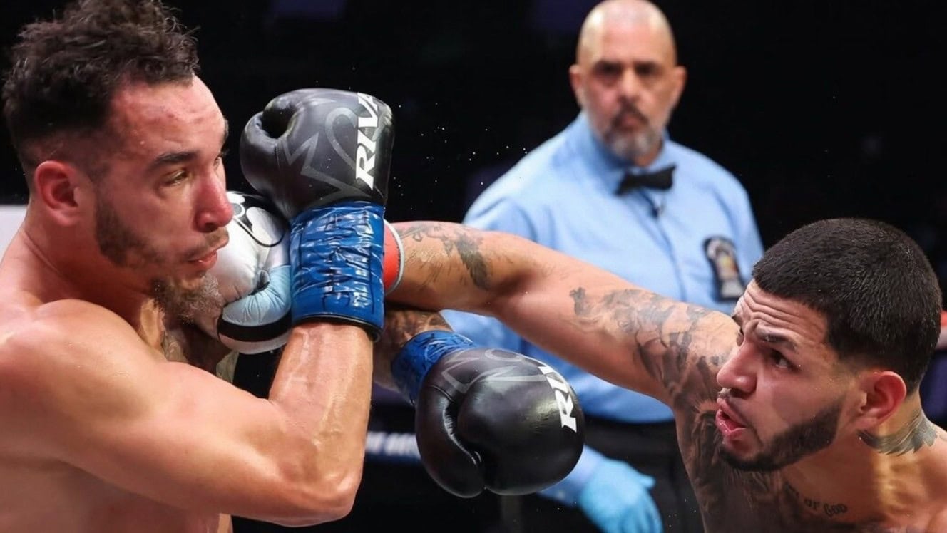 Edgar Berlanga lands a right hand on Steven Butler during his seventh-round stoppage victory on his Zuffa Boxing debut at Madison Square Garden Theater