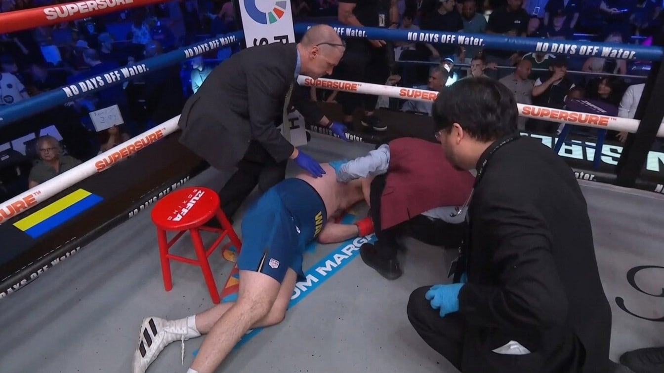 Otto Wallin receives medical attention after being knocked out by Vladyslav Sirenko in the final round of their heavyweight fight at Zuffa Boxing 09 in New York