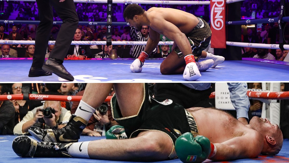 Tyson Fury and Anthony Joshua on the canvas during separate heavyweight fights after their combined career knockdown total reached 19