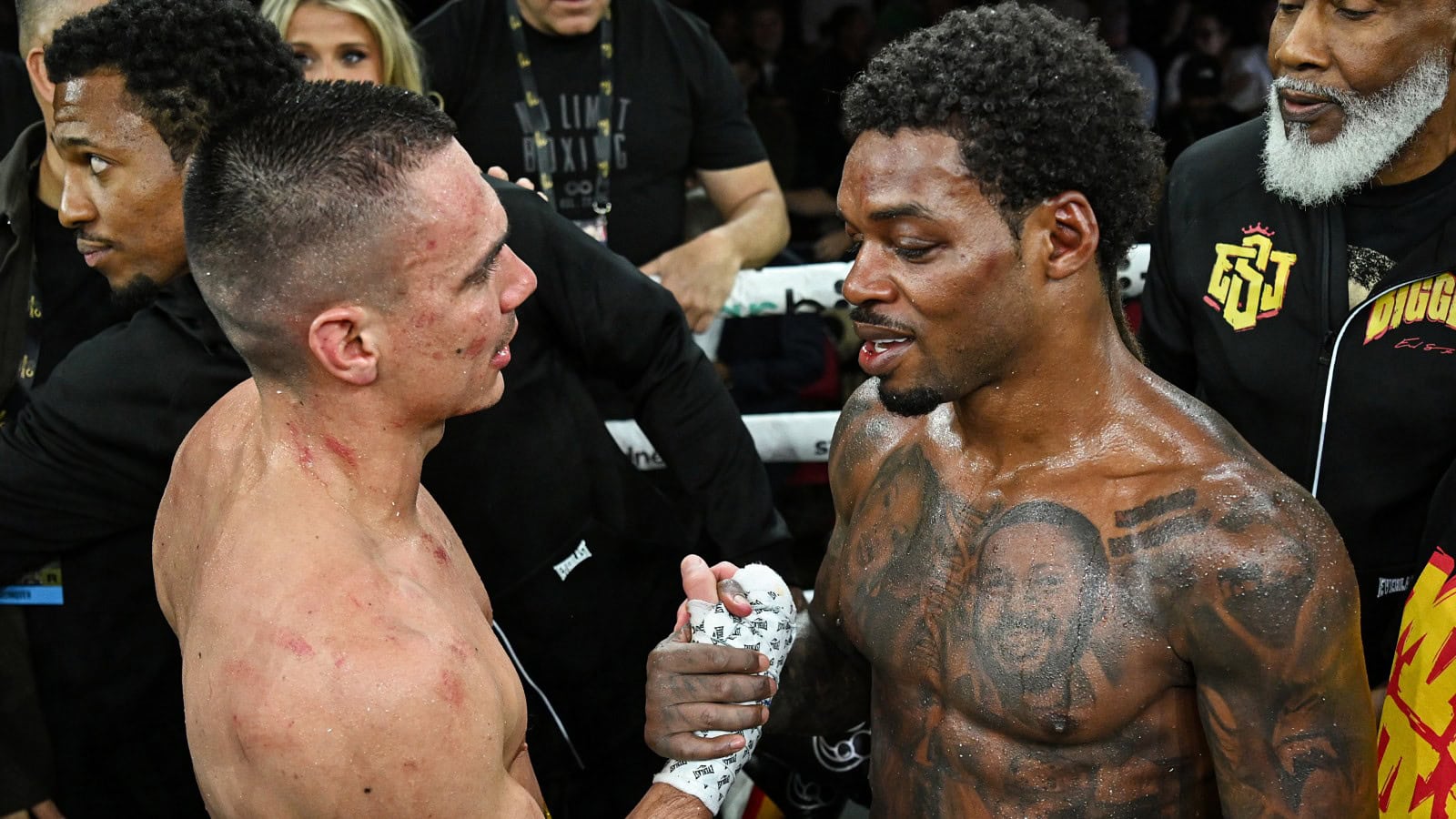 Tim Tszyu and Errol Spence Jr. embrace after their Pay Per View fight in Sydney as a drug testing revelation emerges following the bout