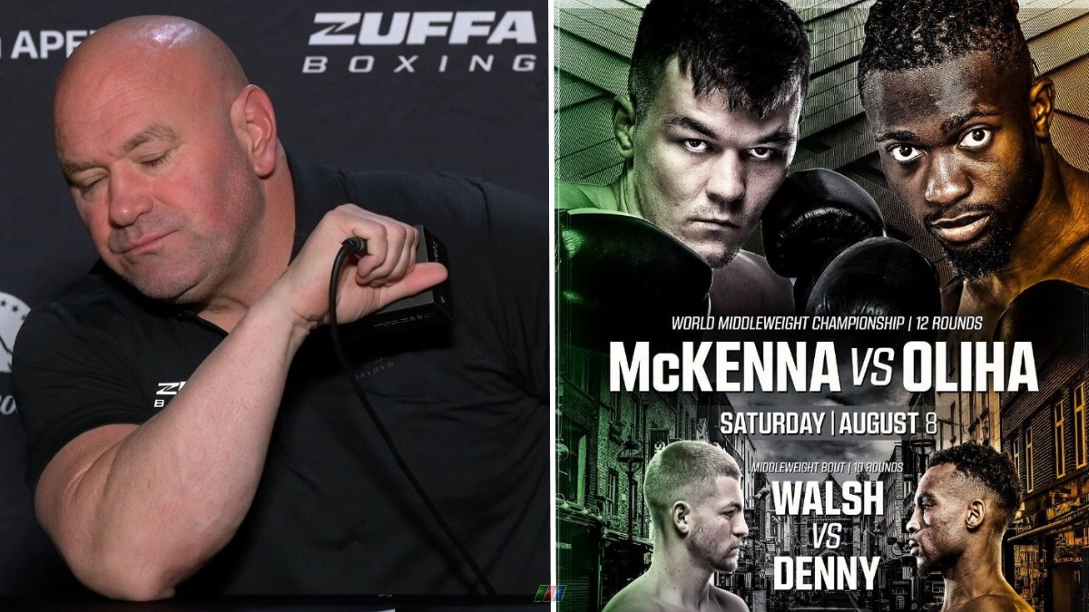 Dana White alongside the Zuffa Boxing 10 poster promoting Aaron McKenna vs. Etinosa Oliha as a world middleweight championship without naming the IBF title