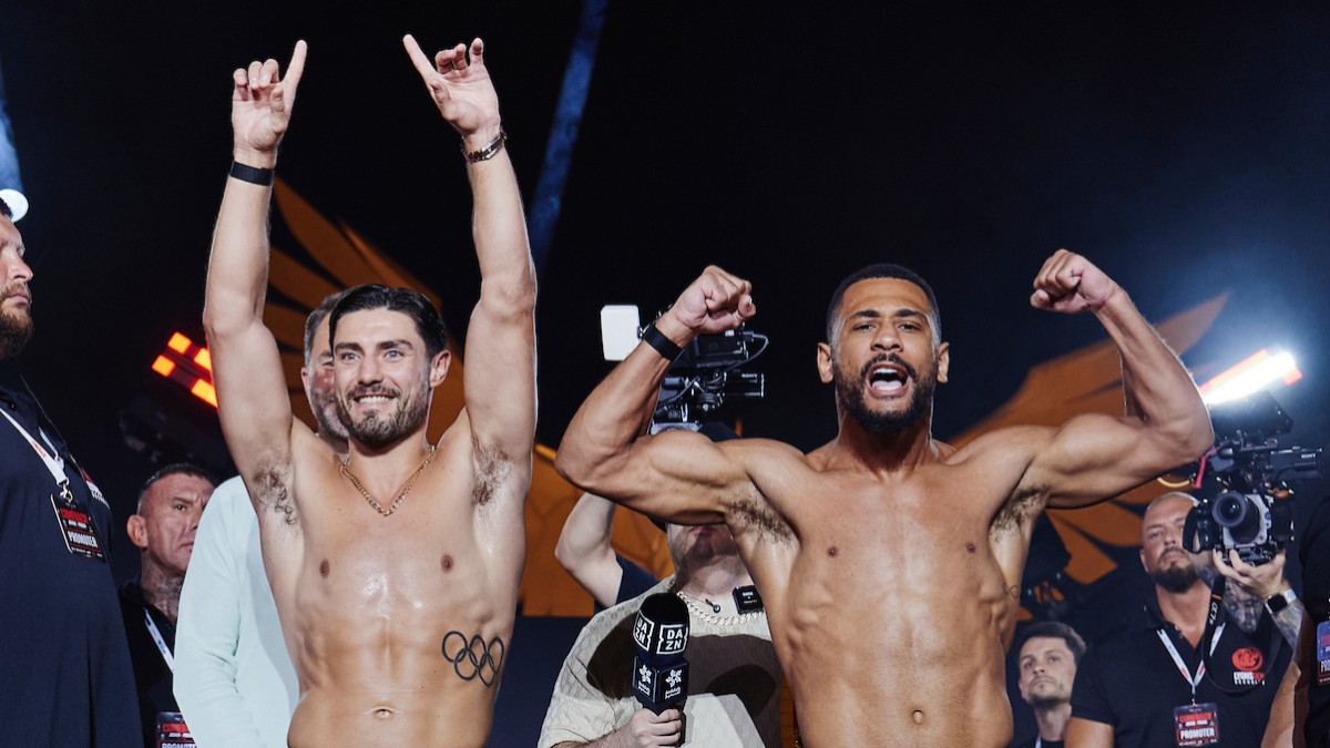Josh Kelly and Caoimhin Agyarko pose during the official weigh-in before their IBF super welterweight world title fight at the Jeddah Superdome in Saudi Arabia
