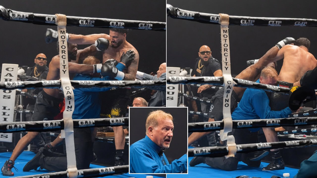 Referee Steve Daher almost goes over the ropes during William Canales vs Idris Kumasi brawl