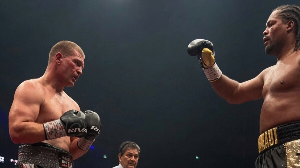 Joe Joyce raises his right glove toward Artem Suslenkov during their heavyweight bout in Moscow moments before the Russian secured an eleventh-round stoppage