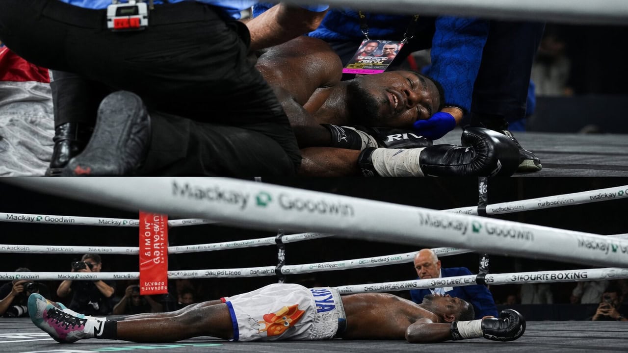 Split image showing Luis Antonio Tejeda lying unconscious after Paulo Aokuso