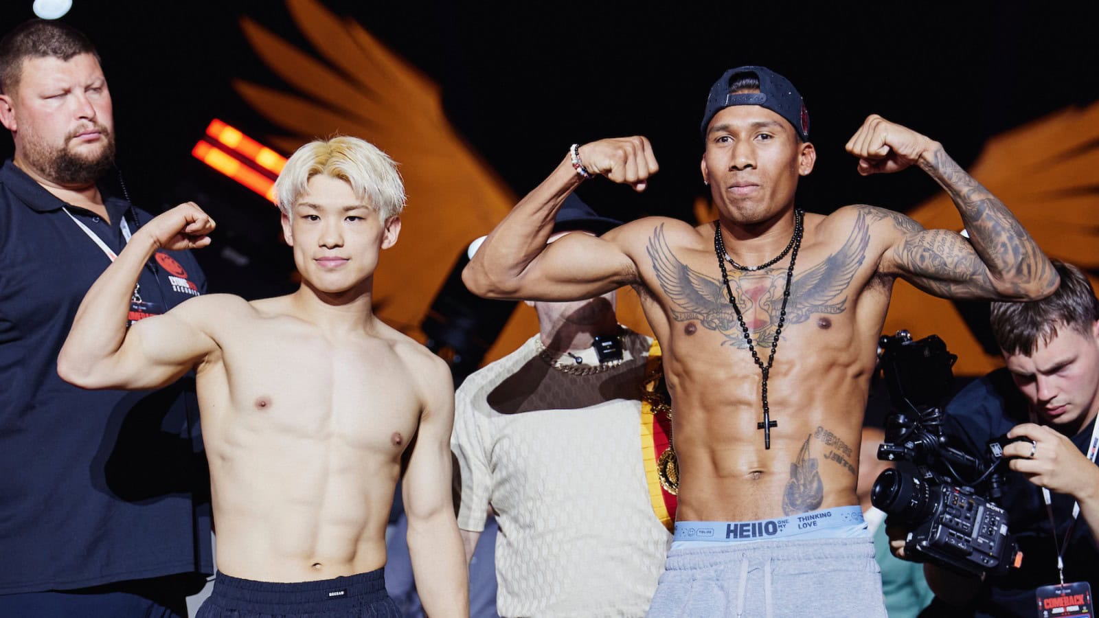 Reito Tsutsumi and Alvino Herrera Meza pose during the official weigh-in before their super featherweight fight at the Jeddah Superdome in Saudi Arabia