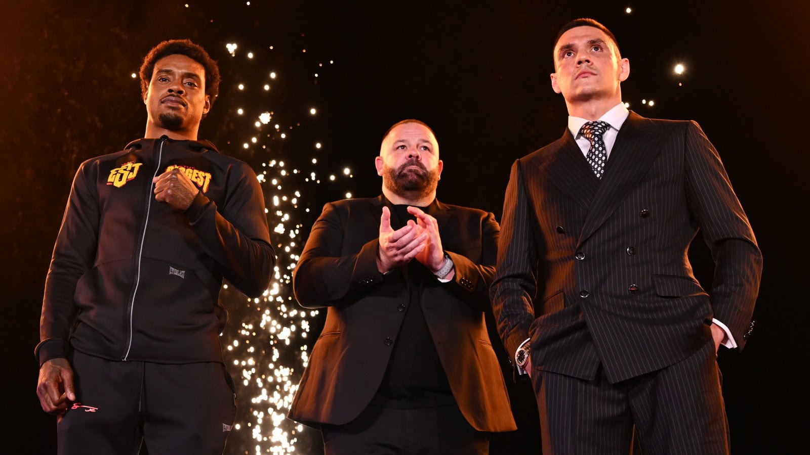 Tim Tszyu and Errol Spence Jr. stand on stage during the launch event for their super welterweight fight in Australia