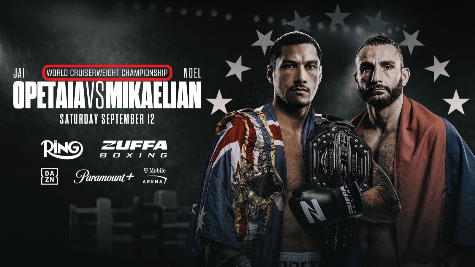 Official Jai Opetaia vs. Noel Mikaelian poster describing the bout as the World Cruiserweight Championship while not identifying Mikaelian as the reigning WBC champion