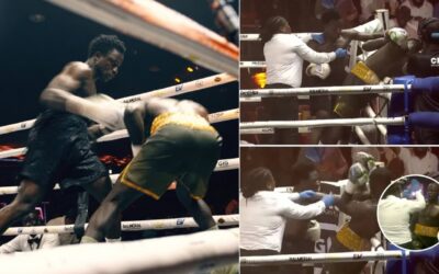 Le boxeur anéanti se lève et prend 10 coups de poing sans réponse avant que l'arbitre ne l'arrête