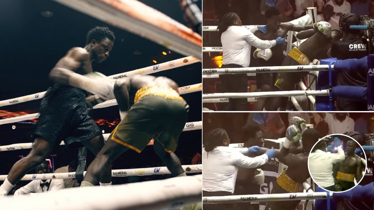 Samuel Antwi absorbs heavy punishment from Suleiman Jafaru before a controversial late stoppage in their Lagos super welterweight bout