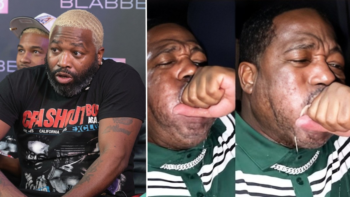 Adrien Broner alongside images from an earlier livestream showing the former four-weight world champion vomiting after drinking alcohol
