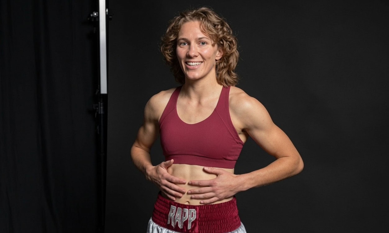 Professional boxer Hannah Rapp smiles during a portrait photo session before her fatal death in July 2026