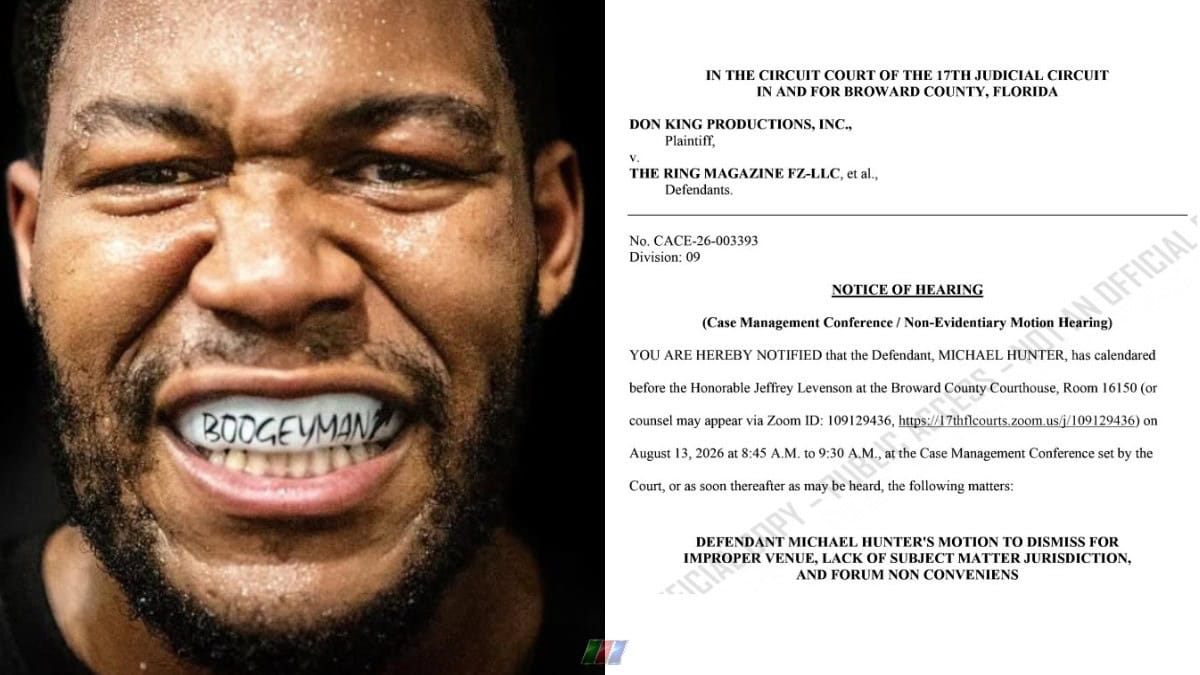 Michael Hunter alongside a Broward County court hearing notice in his ongoing legal dispute with Don King Productions ahead of an August 13, 2026 hearing