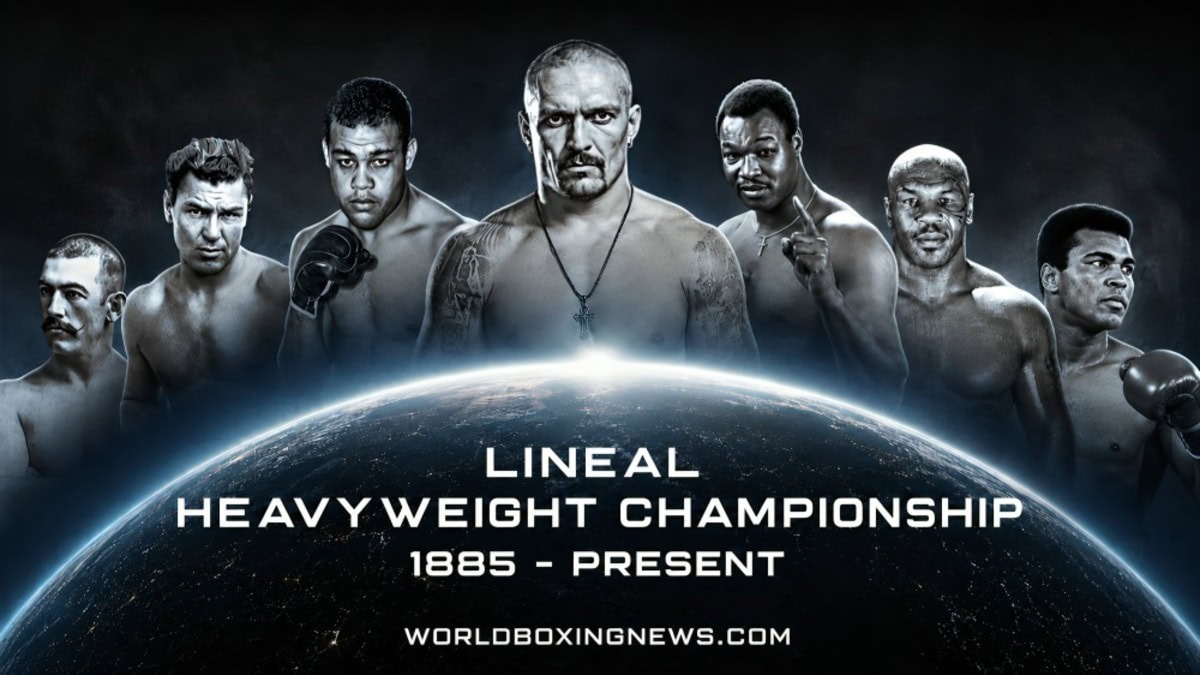 Composite image featuring Oleksandr Usyk, Muhammad Ali, Mike Tyson, Joe Louis, Jack Dempsey, and John L. Sullivan representing the lineal heavyweight championship lineage from 1885 to the present