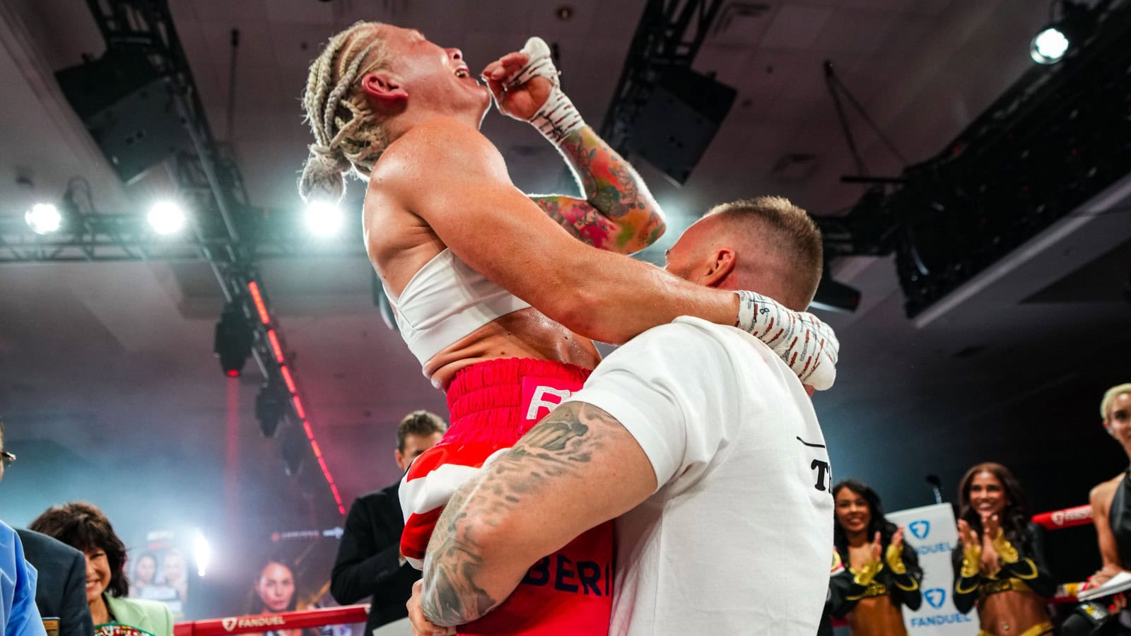 Dina Thorslund celebrates after defeating Cherneka Johnson to become undisputed bantamweight world champion in Orlando.