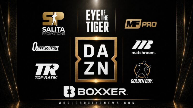 Graphique promotionnel DAZN montrant sa liste de promoteurs de boxe en 2026, avec les logos de Matchroom Boxing, Queensberry, Top Rank, Golden Boy Promotions, BOXXER, Salita Promotions, Eye of the Tiger et MF Pro entourant le logo DAZN