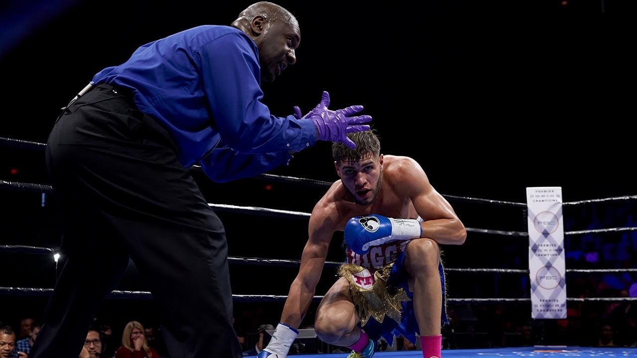 Prichard Colón on one knee as referee Joe Cooper intervenes during his 2015 fight with Terrel Williams