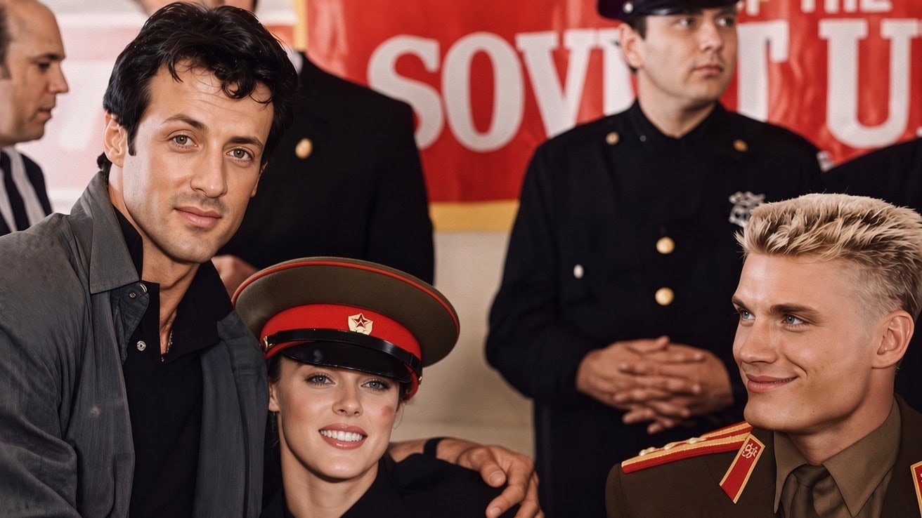 Sylvester Stallone with Brigitte Nielsen and Dolph Lundgren during Rocky IV