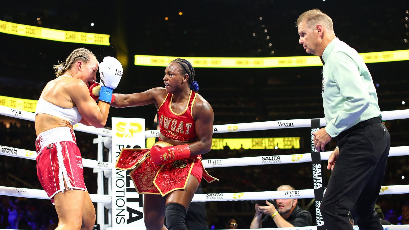 Claressa Shields lands a punch on Kaye Scott during her historic middleweight TKO victory in Atlanta