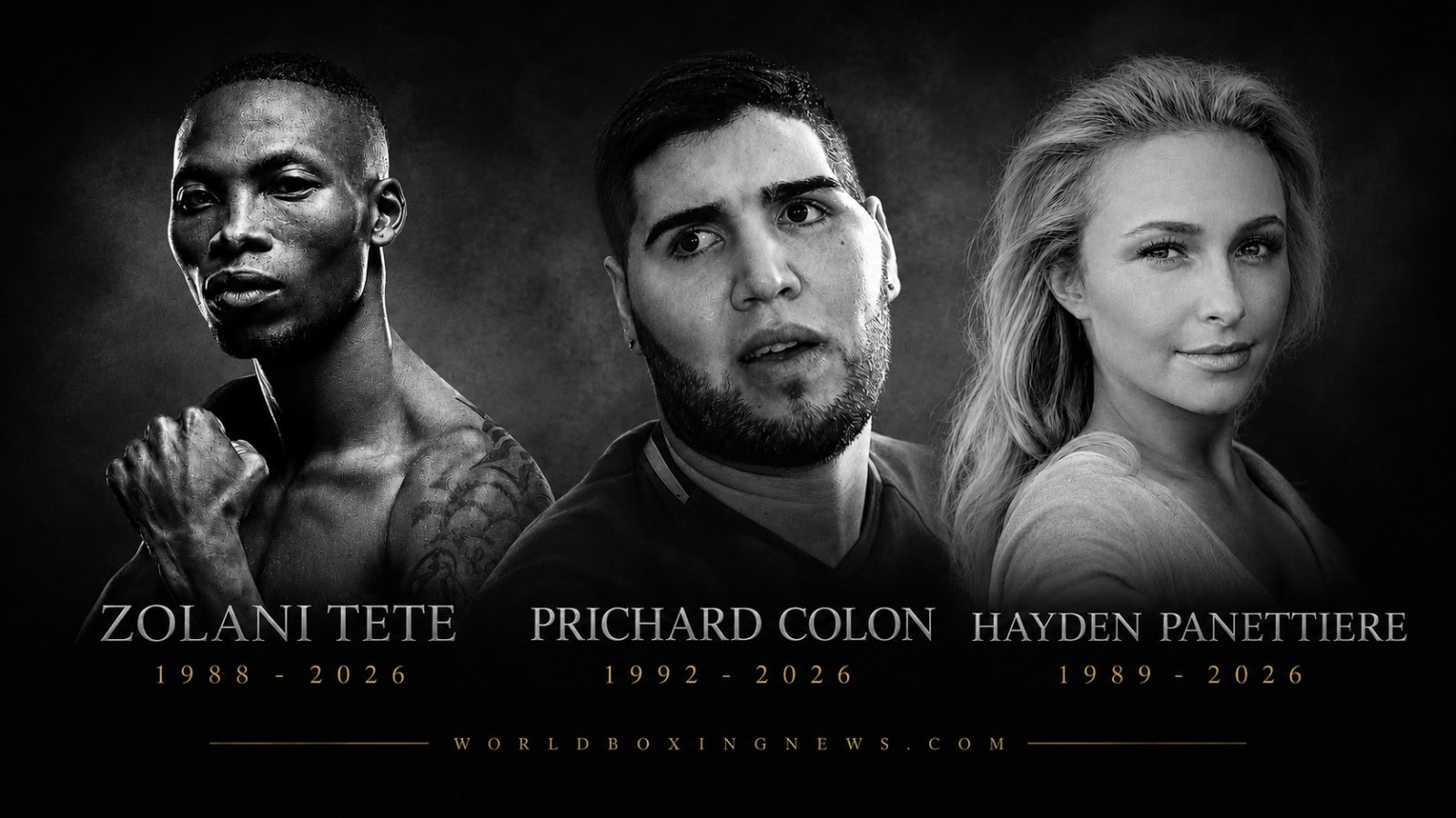 Zolani Tete, Prichard Colón and Hayden Panettiere memorial image following their deaths in August 2026