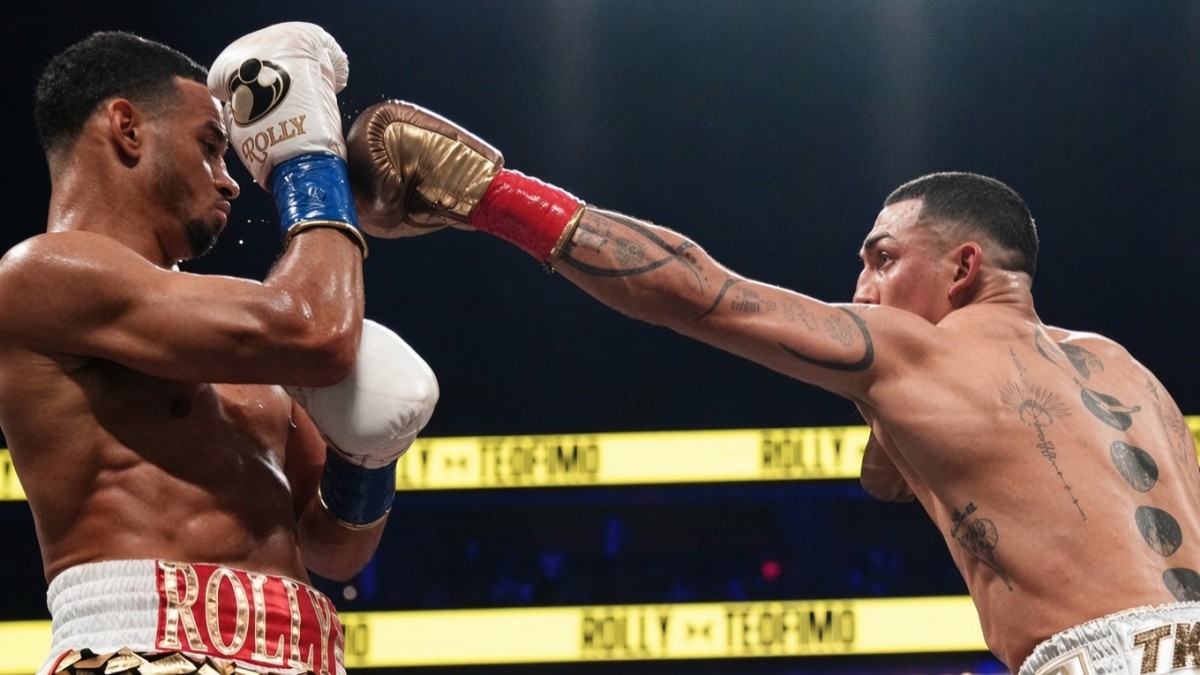 Teofimo Lopez lands a punch on Rolando Romero during their WBA welterweight title fight at T-Mobile Arena in Las Vegas