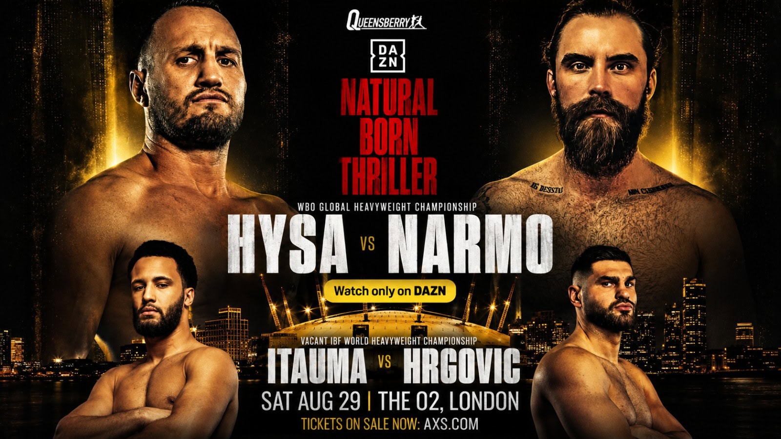 Nelson Hysa vs Thomas Narmo heavyweight fight poster alongside Moses Itauma vs Filip Hrgovic at The O2 in London