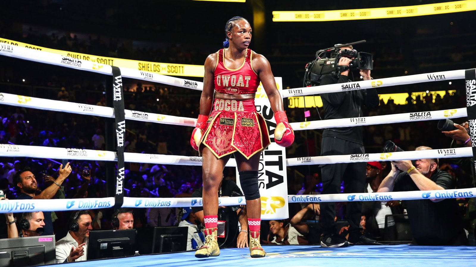 Claressa Shields stands in the ring after victory as she discusses her 160-pound minimum weight for future fights