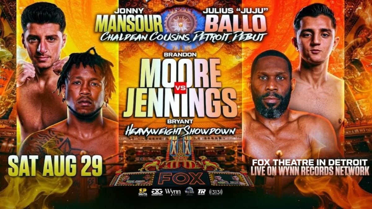 Brandon Moore vs Bryant Jennings heavyweight fight poster with Julius Ballo and Jonny Mansour for August 29 at the Fox Theatre in Detroit