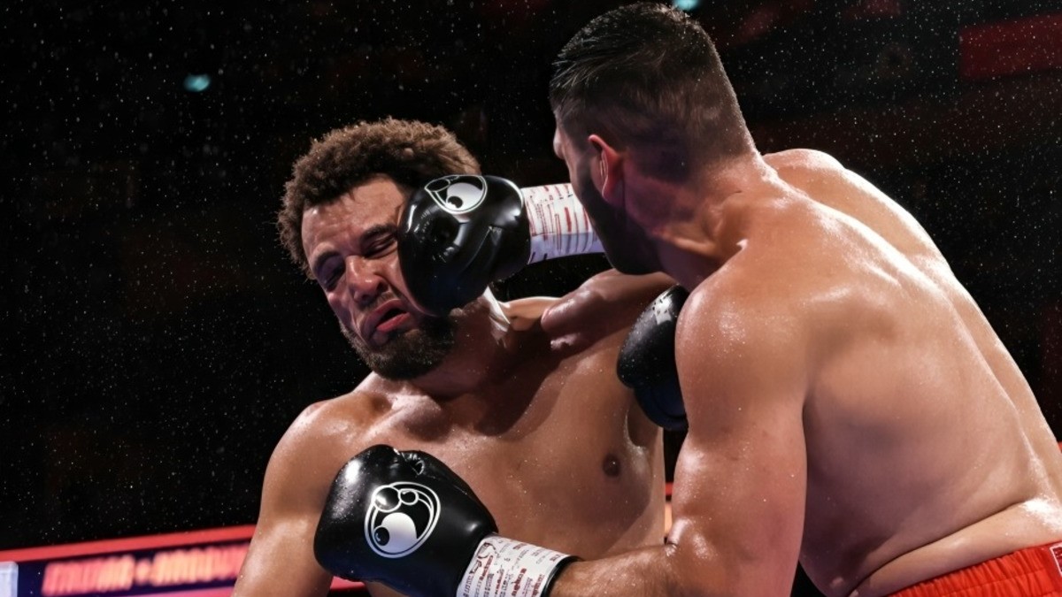 Filip Hrgovic lands a right hand on Moses Itauma during their IBF heavyweight world title fight at the O2 Arena in London