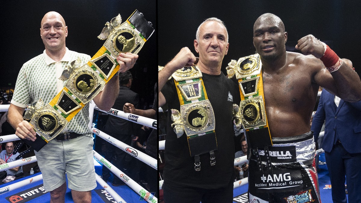 Tyson Fury with BKB heavyweight champion Gustavo Trujillo after his ninth knockout victory