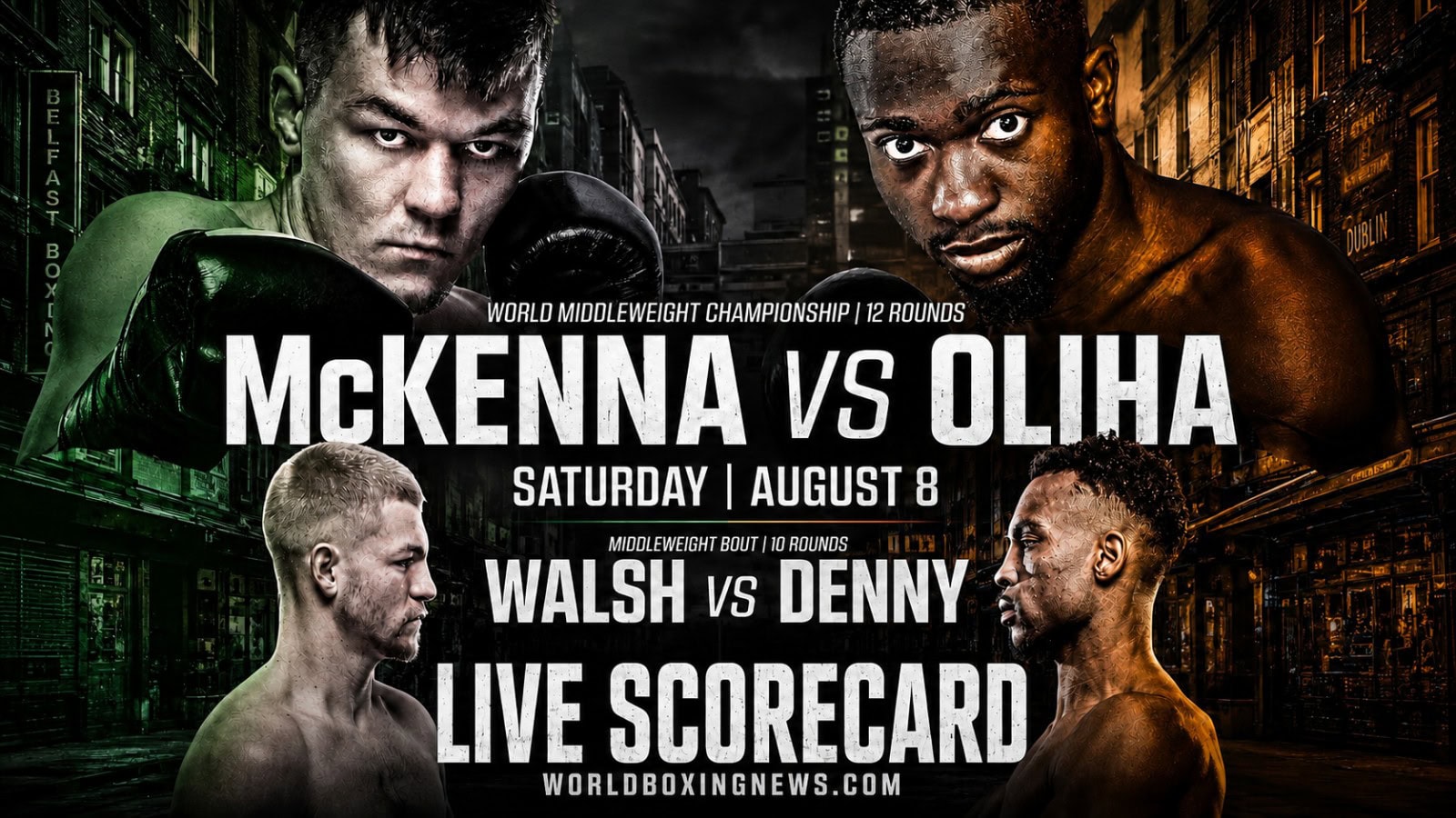 Aaron McKenna and Etinosa Oliha featured on a World Boxing News live scorecard graphic ahead of their vacant IBF middleweight title fight in Dublin, with Callum Walsh vs Tyler Denny also highlighted