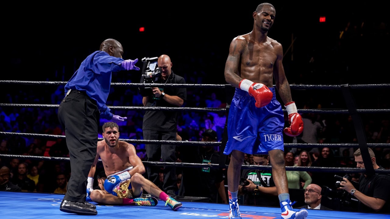 Referee Joe Cooper intervenes as Prichard Colón sits on the canvas during his fight with Terrel Williams