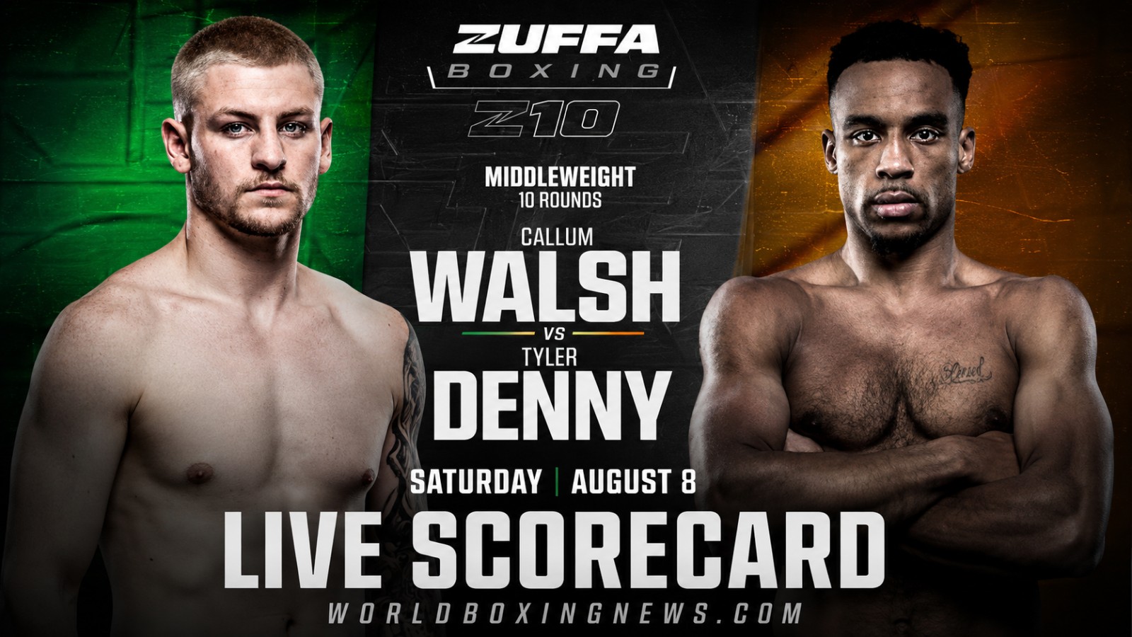 Callum Walsh and Tyler Denny featured on a World Boxing News live scorecard graphic ahead of their middleweight bout at Zuffa Boxing 10 in Dublin